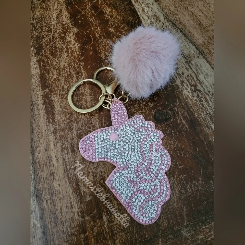 Rhinestone Unicorn Pom Pom Keychain Bag Charm - Picture 4 of 11